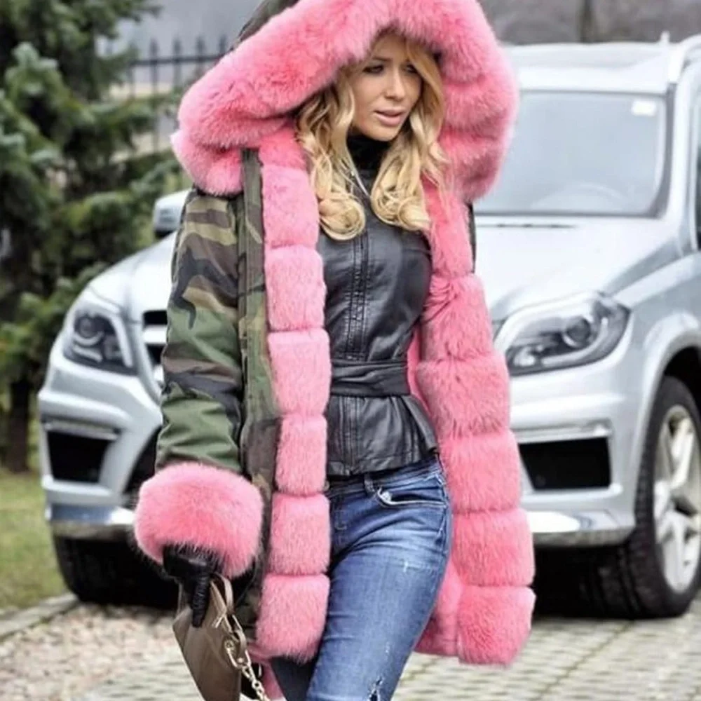 Pink Fur Trim Camouflage Jacket oversized